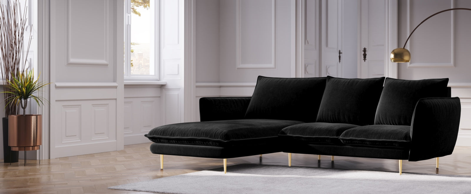 Entdecken Sie das elegante Vienna Velour Ecksofa links 5 Sitzer 170cm von Cosmopolitan Design – stilvoll, komfortabel und ideal für Ihr Wohnzimmer.