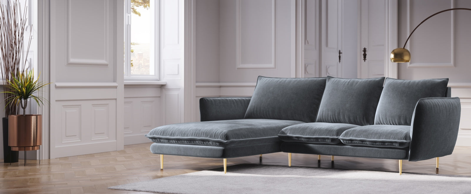 Entdecken Sie das elegante Vienna Velour Ecksofa links 5 Sitzer 170cm von Cosmopolitan Design – stilvoll, komfortabel und perfekt für Ihr Wohnzimmer!