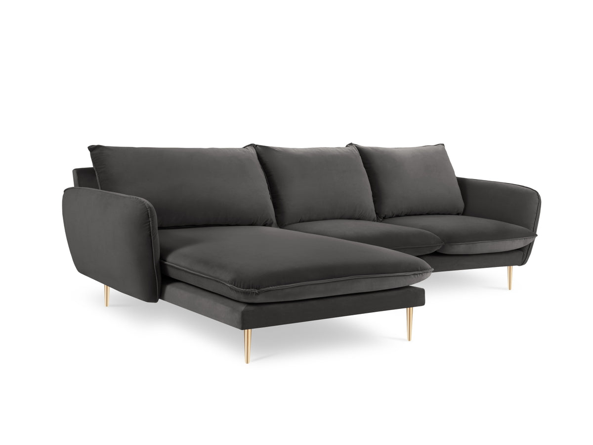 Vienna Velour Ecksofa links 5 Sitzer 170cm in Dark Grey/Gold-Bluvel präsentiert im Onlineshop von KAQTU Design AG. Ecksofa links ist von Cosmopolitan Design