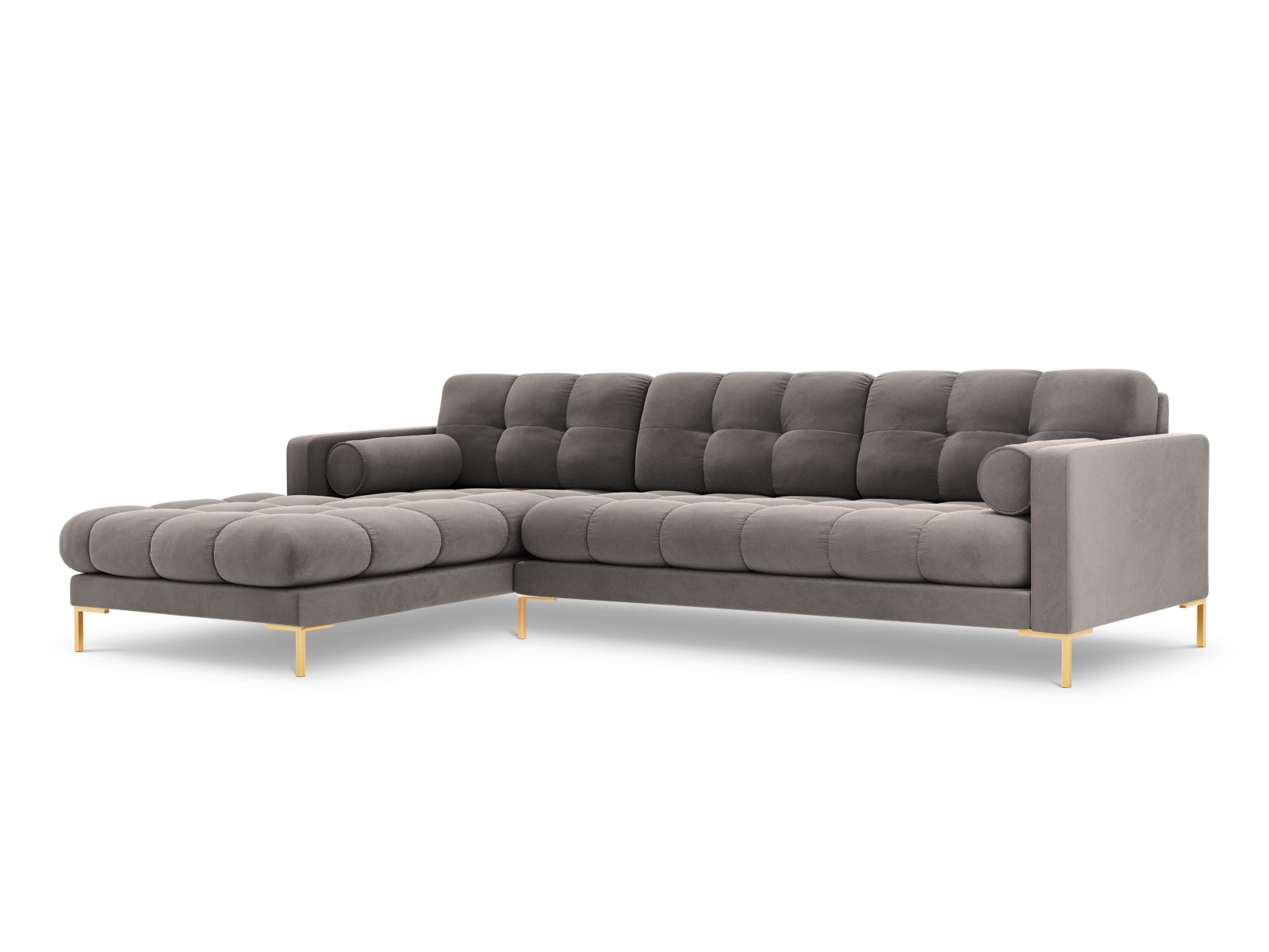 Elegantes 5-Sitzer Ecksofa links Bali in zartem Light Grey-Bluvel, perfekt für stilvolle und einladende Wohnbereiche von Cosmopolitan Design.