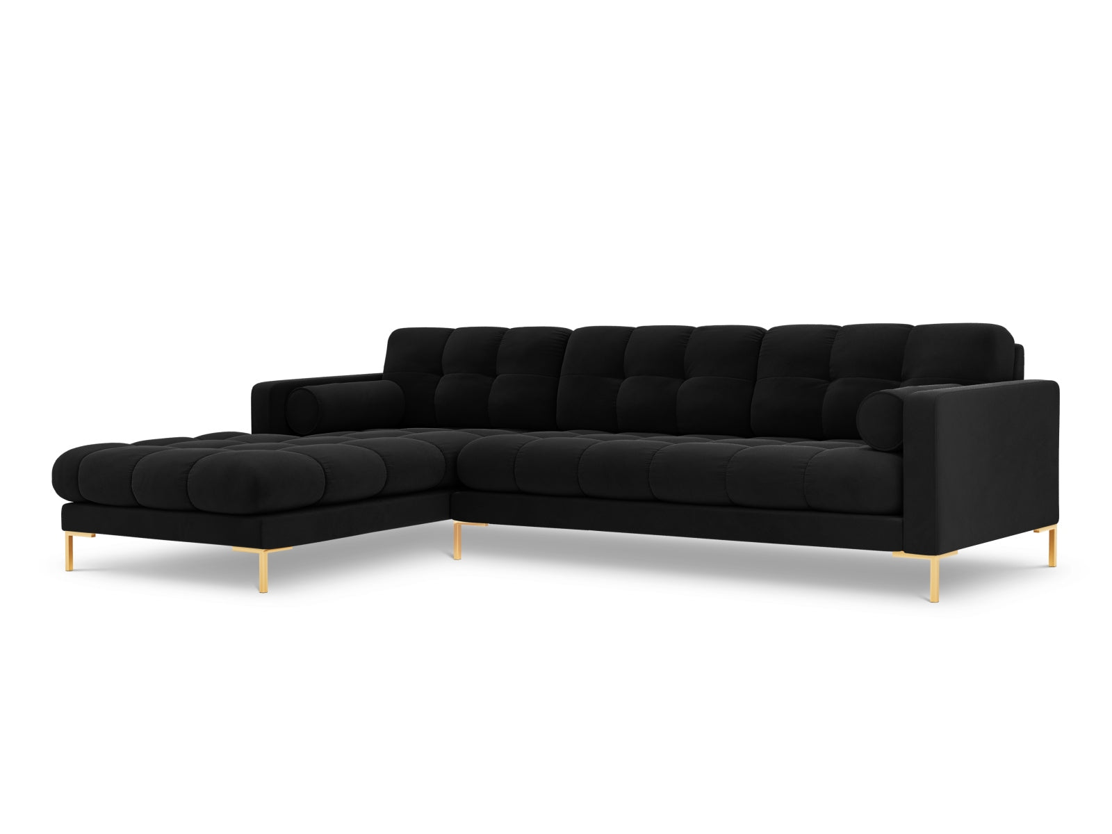 Stilvolles 5-Sitzer Ecksofa links Bali in edlem Black-Bluvel, perfekt für entspannte Abende und zeitgemäße Wohnräume.