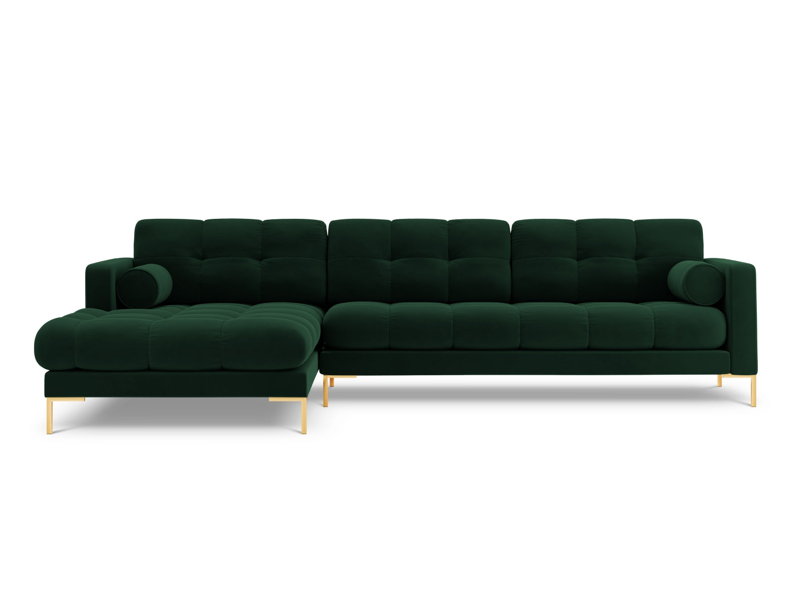 Elegantes 5-Sitzer Ecksofa links Bali in edlem Bottle Green-Bluvel, ideal für stilvolle und einladende Wohnräume von Cosmopolitan Design.