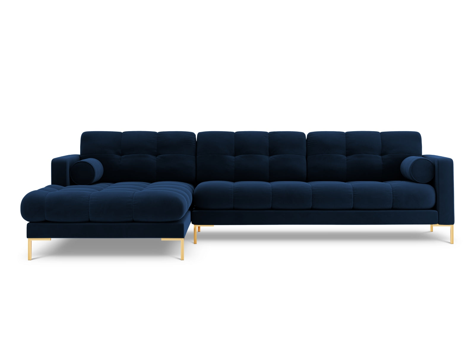 Elegantes 5-Sitzer Ecksofa links Bali in Royal Blue-Bluvel, ideal für moderne Wohnräume und entspannte Zusammenkünfte.