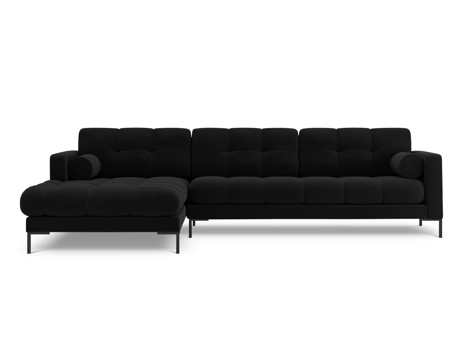 Elegantes 5-Sitzer Ecksofa links Bali in stilvollem Black-Bluvel, ideal für moderne Wohnräume, erhältlich bei KAQTU Design AG.