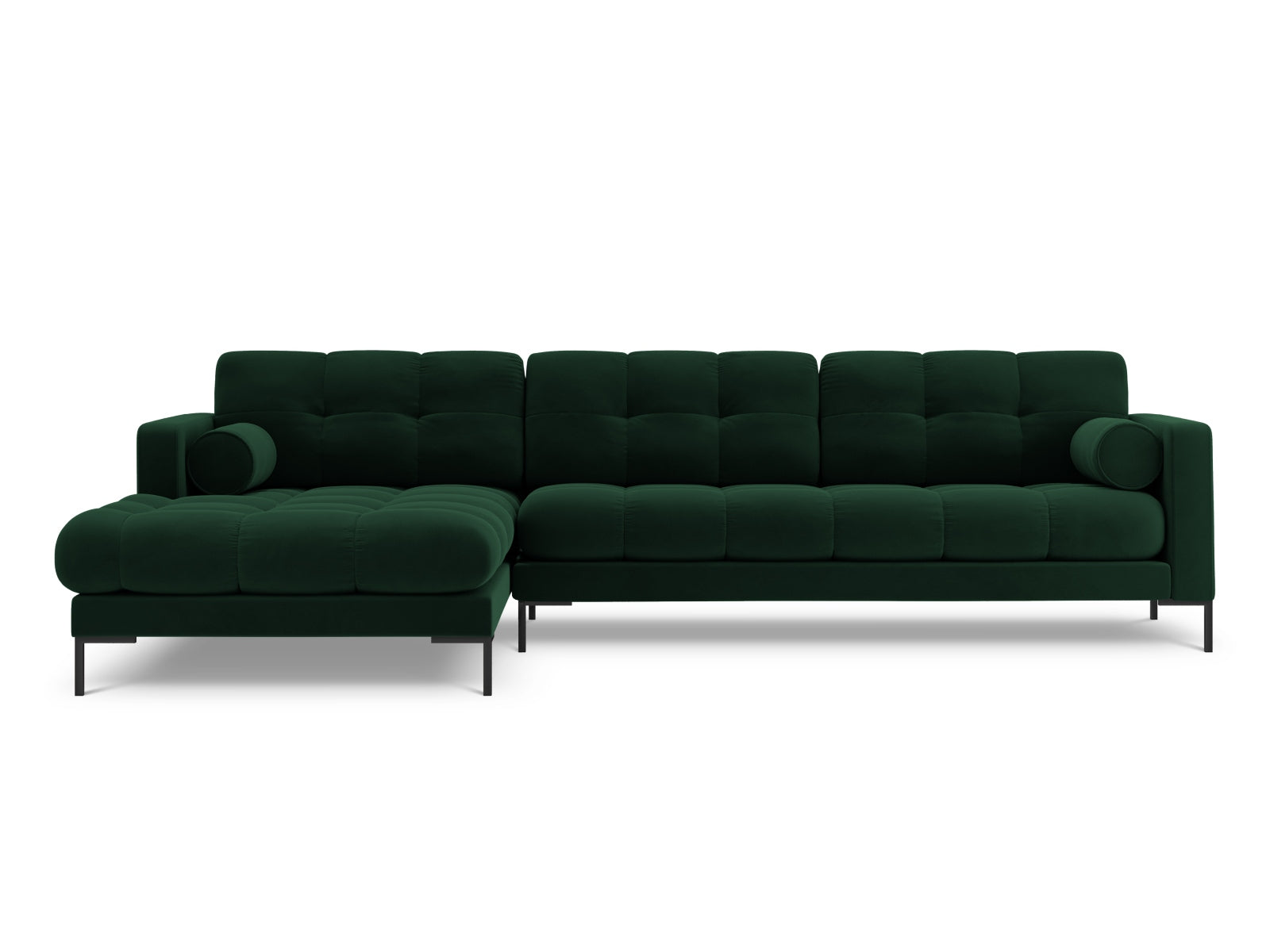 Elegantes 5-Sitzer Ecksofa links Bali in edlem Bottle Green-Bluvel, ideal für stilvolle Wohnräume, präsentiert von Cosmopolitan Design.