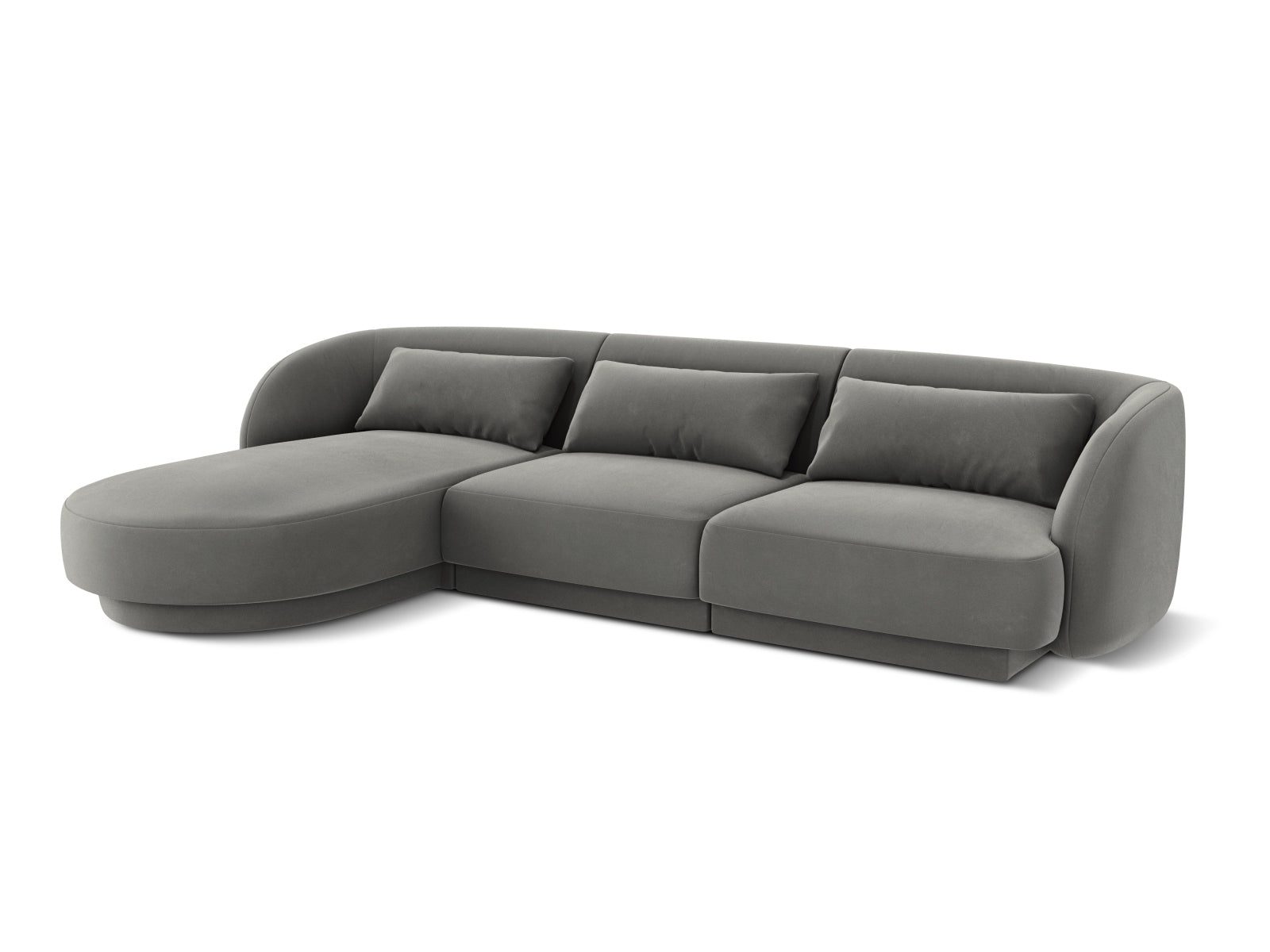 Modernes Tulum Velour Ecksofa links in sanftem Grau, perfektes 4-Sitzer Möbelstück für gemütliche und stilvolle Wohnbereiche.