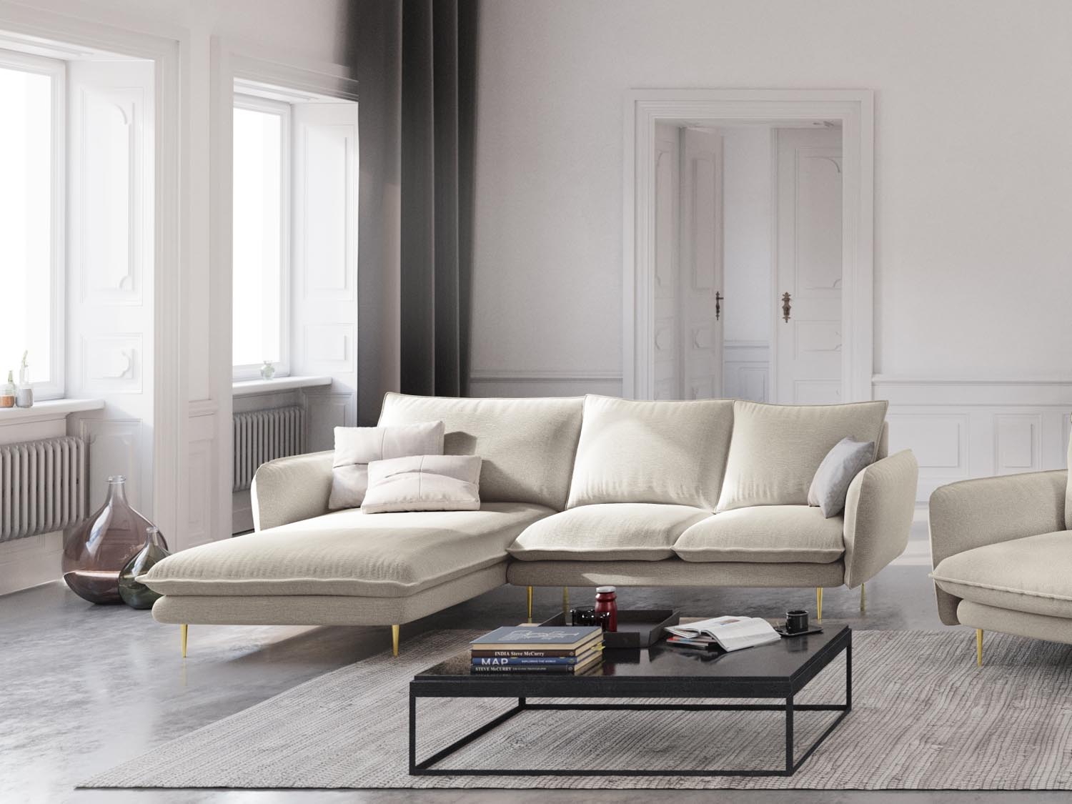 Elegantes Vienna Ecksofa links, 5 Sitzer, 170cm in sanftem Beige mit goldenen Akzenten, ideal für stilvolle Wohnräume.