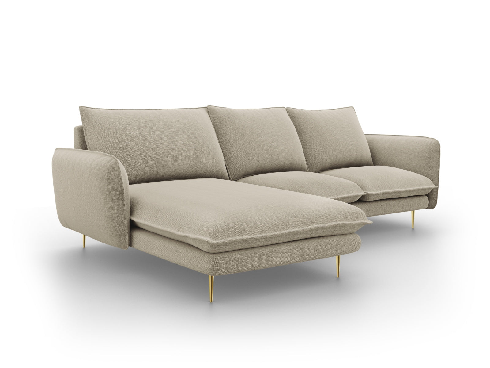 Elegantes, beiges Ecksofa mit goldenen Akzenten, 5-Sitzer, 170 cm, perfektes L-Sofa für stilvolle Wohnambiente von Cosmopolitan Design.