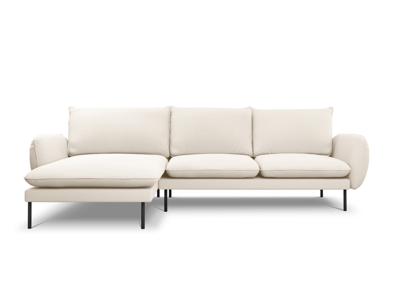 Modernes 5-Sitzer Ecksofa Vienna Boucle links in Beige und Schwarz, perfekt für gemütliche und stilvolle Wohnzimmergestaltung.