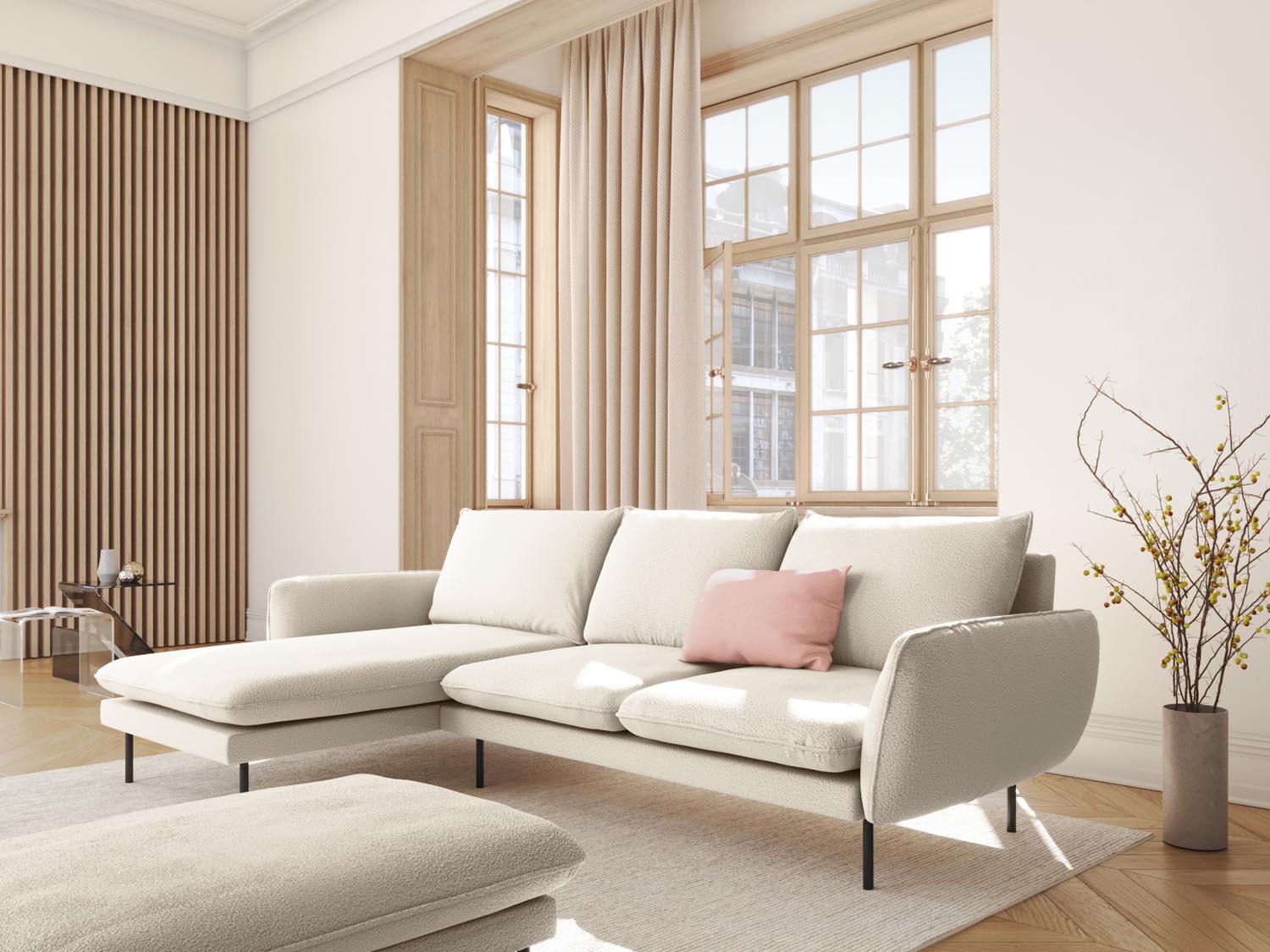 Elegantes Vienna Boucle Ecksofa links in Beige und Schwarz, ideal für stilvolle Wohnräume. 5-Sitzer mit 170 cm für maximalen Komfort.