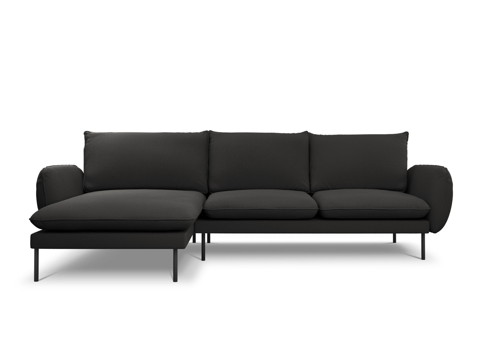 Modernes 5-Sitzer Ecksofa Vienna Boucle in Schwarz, linksseitig, perfektes Möbelstück für ein stilvolles und gemütliches Zuhause.