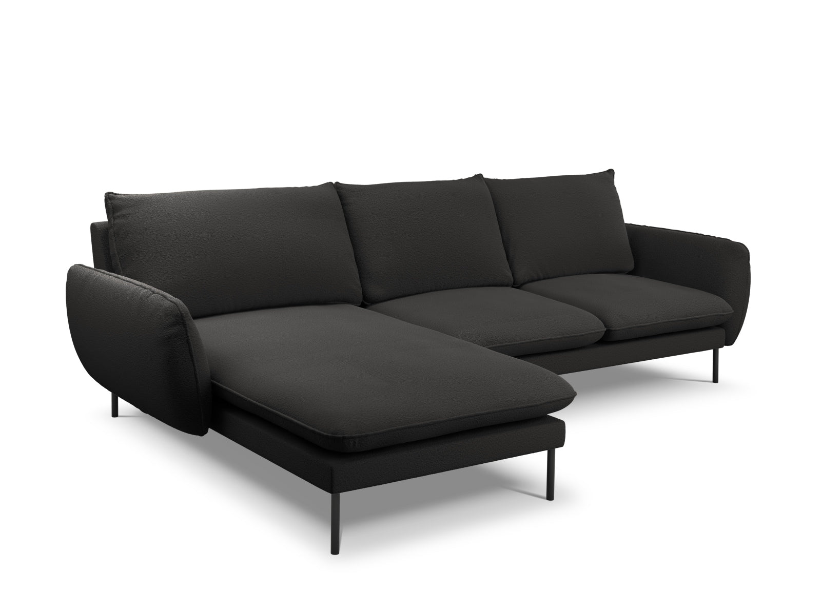 Elegantes linksseitiges 5-Sitzer Ecksofa Vienna Boucle in Schwarz, ideal für stilvolle Wohnräume und gemütliche Abende.