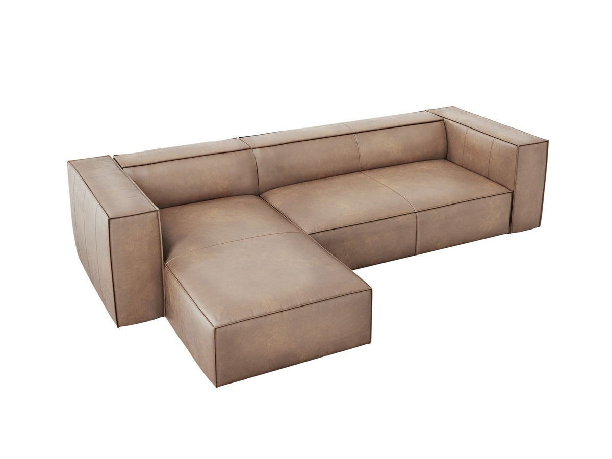Turin Ecksofa links aus Rindsleder in Grey Brown-Granada, Massivholzrahmen, Récamiere und Holzfüsse, 5 Sitzplätze, Cosmopolitan Design