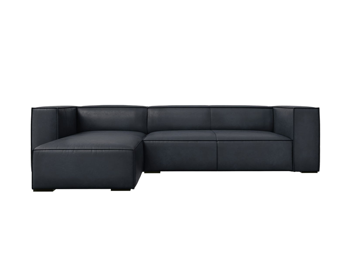 Turin Ecksofa links aus Rindsleder in Grey Brown-Granada, Massivholzrahmen, Récamiere und Holzfüsse, 5 Sitzplätze, Cosmopolitan Design