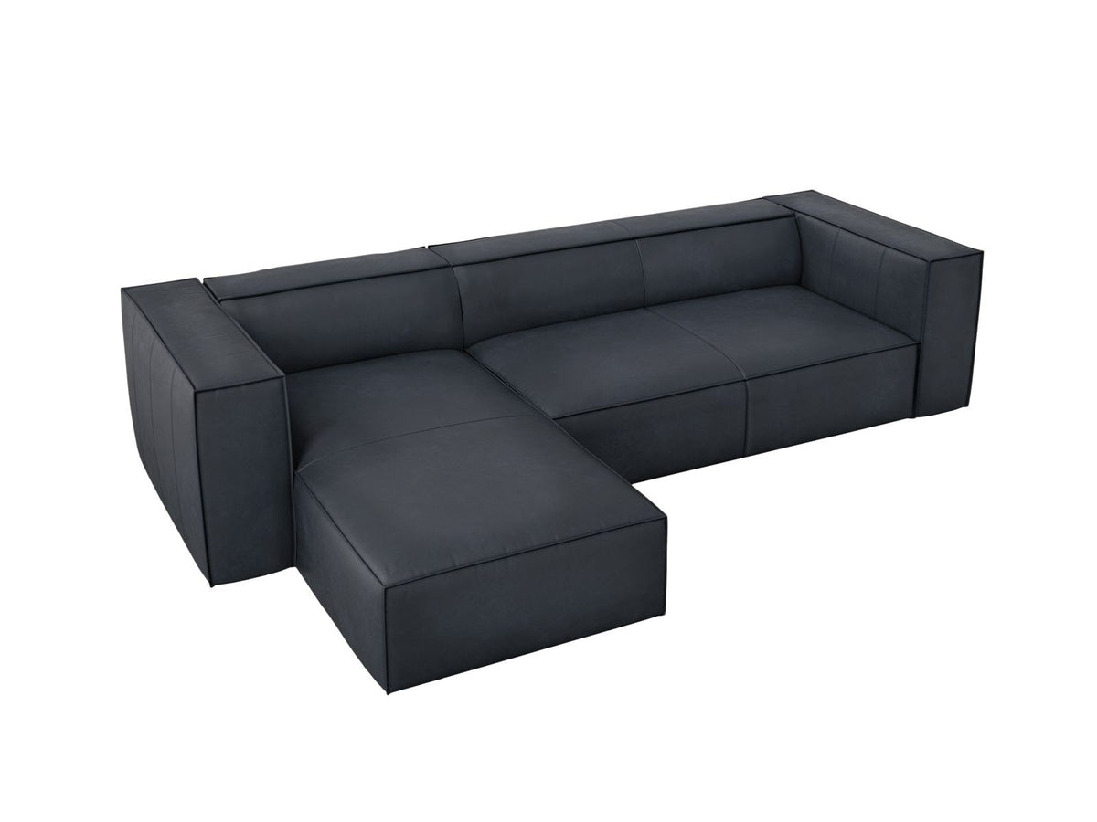 Turin Ecksofa links aus Rindsleder in Grey Brown-Granada, Massivholzrahmen, Récamiere und Holzfüsse, 5 Sitzplätze, Cosmopolitan Design