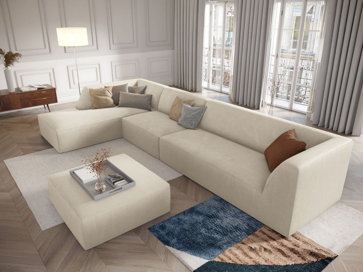 Modulares Ecksofa links Siena in Dark Grey-Scala mit strukturiertem Cordstoff, Massivholzrahmen und schwarzen Kunststoffbeinen, 5-Sitzer 180cm.