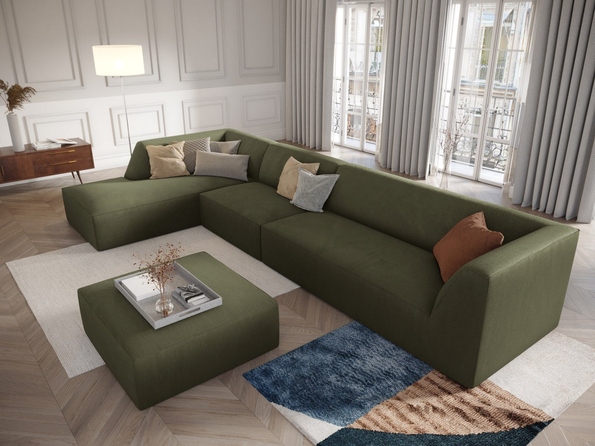 Modulares Ecksofa links Siena in Dark Grey-Scala mit strukturiertem Cordstoff, Massivholzrahmen und schwarzen Kunststoffbeinen, 5-Sitzer 180cm.