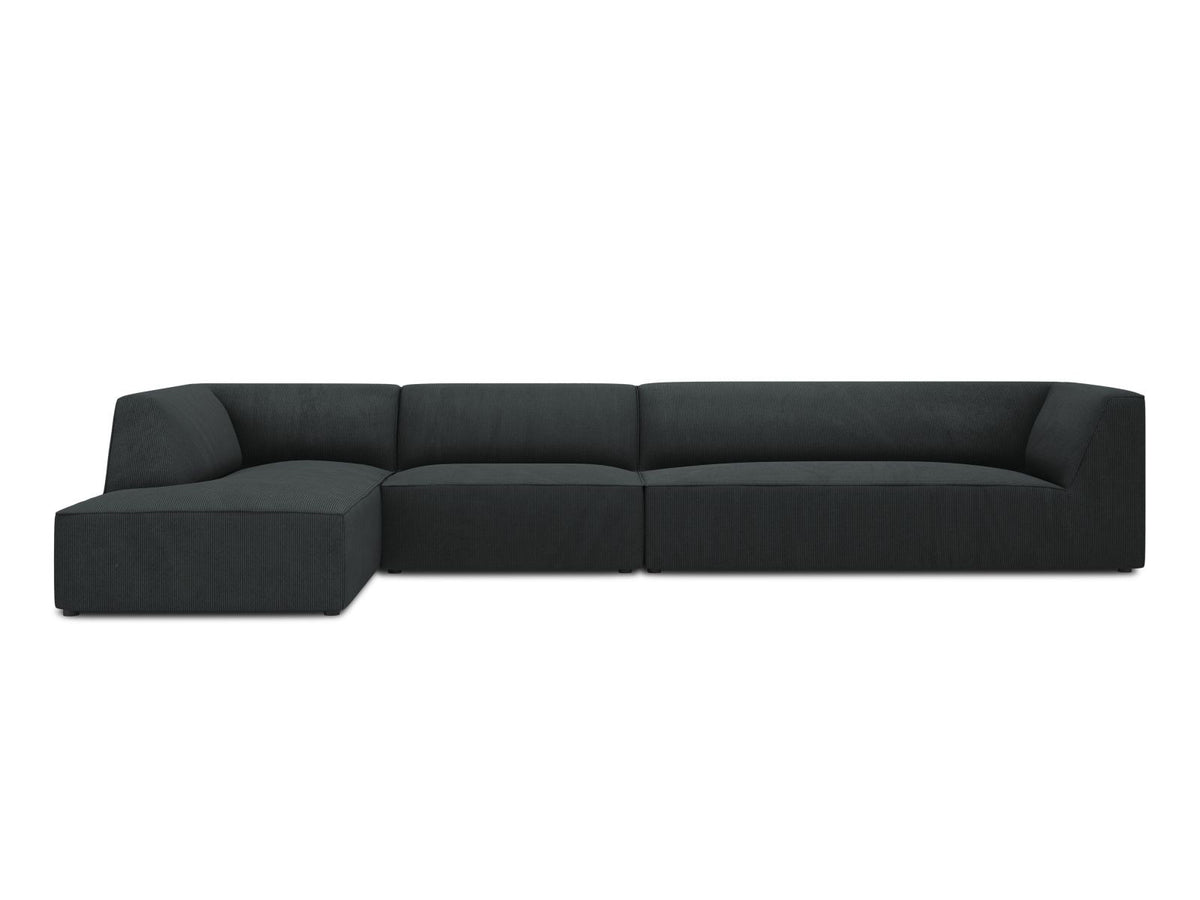 Modulares Ecksofa links Siena in Dark Grey-Scala mit strukturiertem Cordstoff, Massivholzrahmen und schwarzen Kunststoffbeinen, 5-Sitzer 180cm.