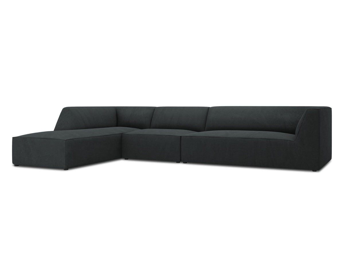 Modulares Ecksofa links Siena in Dark Grey-Scala mit strukturiertem Cordstoff, Massivholzrahmen und schwarzen Kunststoffbeinen, 5-Sitzer 180cm.