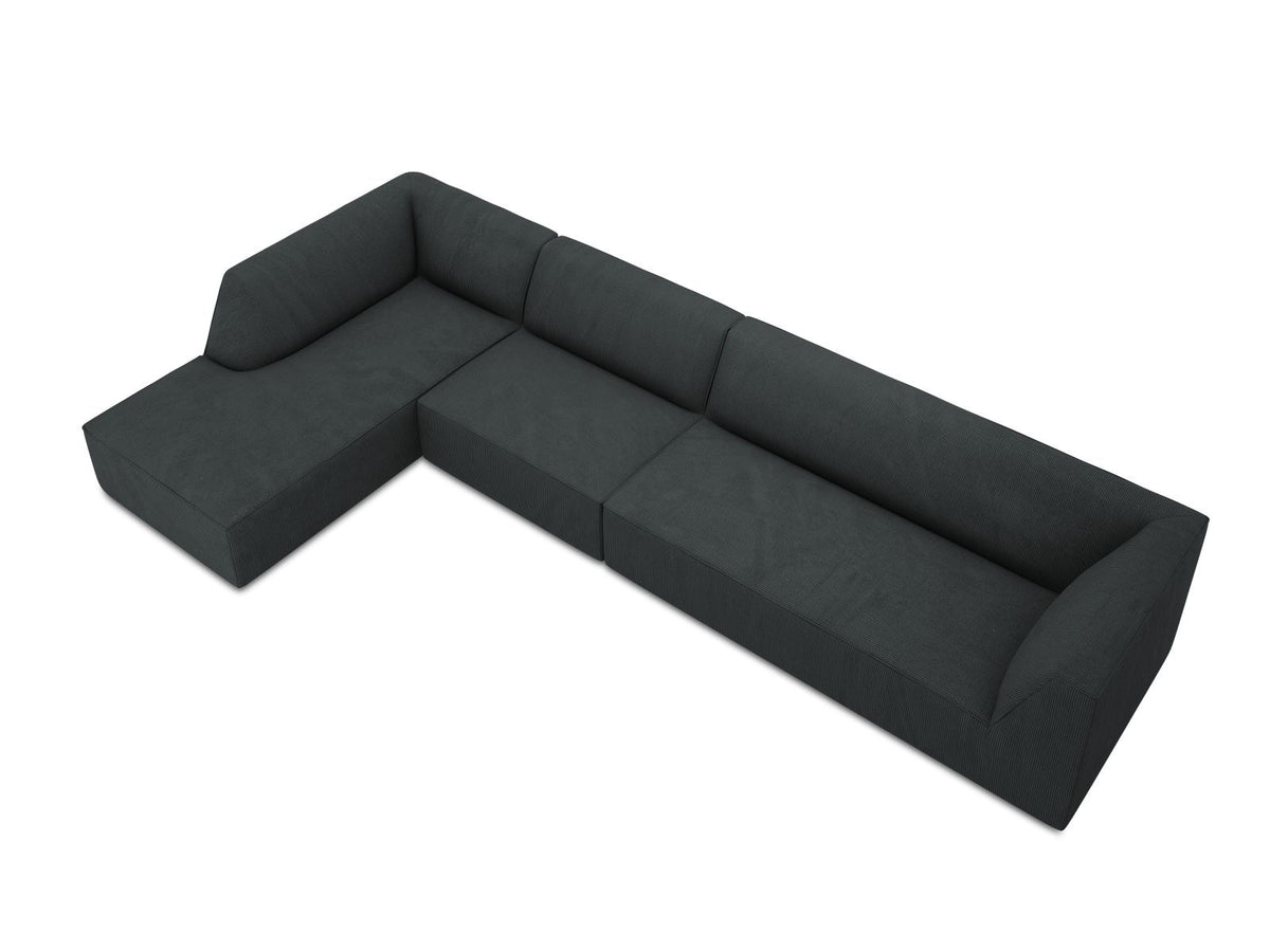 Modulares Ecksofa links Siena in Dark Grey-Scala mit strukturiertem Cordstoff, Massivholzrahmen und schwarzen Kunststoffbeinen, 5-Sitzer 180cm.