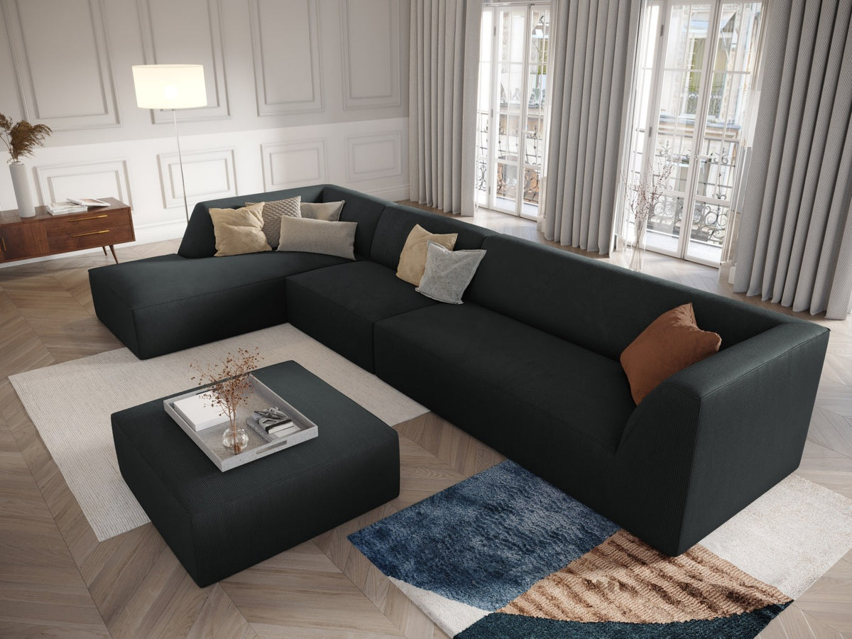 Modulares Ecksofa links Siena in Dark Grey-Scala mit strukturiertem Cordstoff, Massivholzrahmen und schwarzen Kunststoffbeinen, 5-Sitzer 180cm.