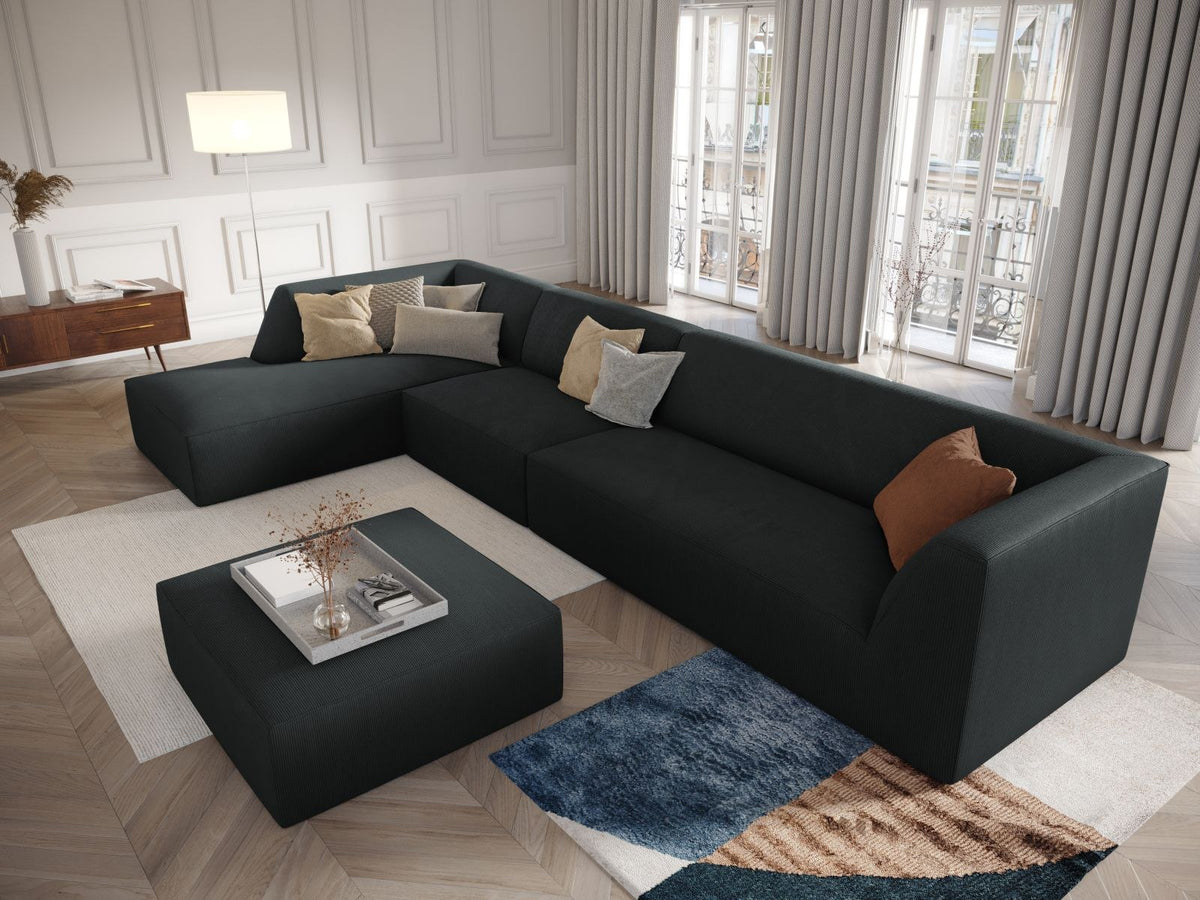 Modulares Ecksofa links Siena in Dark Grey-Scala mit strukturiertem Cordstoff, Massivholzrahmen und schwarzen Kunststoffbeinen, 5-Sitzer 180cm.