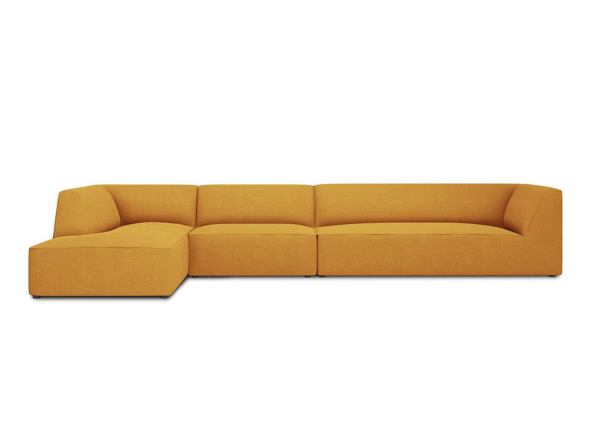 Modulares Ecksofa links Siena in Dark Grey-Scala mit strukturiertem Cordstoff, Massivholzrahmen und schwarzen Kunststoffbeinen, 5-Sitzer 180cm.