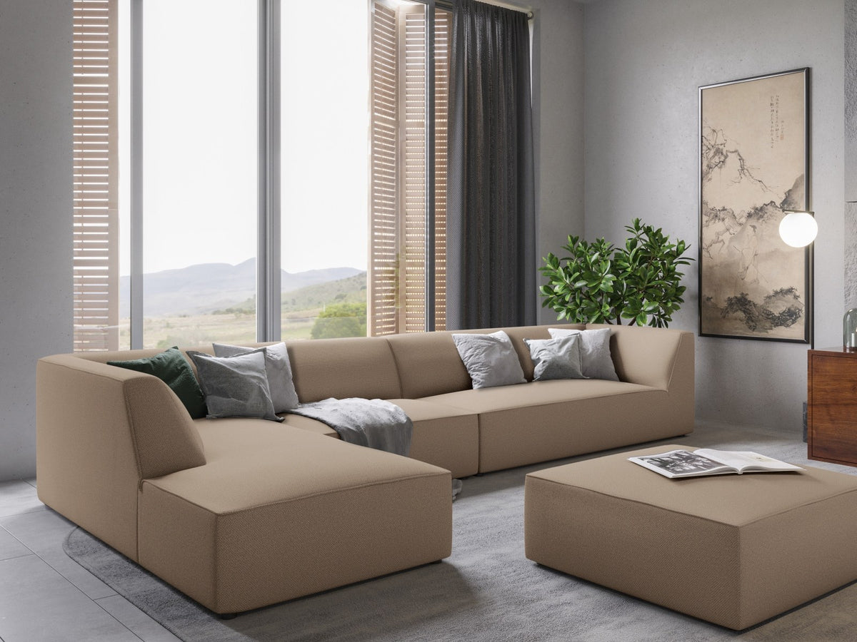 Modulares Ecksofa links Siena in Dark Grey-Scala mit strukturiertem Cordstoff, Massivholzrahmen und schwarzen Kunststoffbeinen, 5-Sitzer 180cm.
