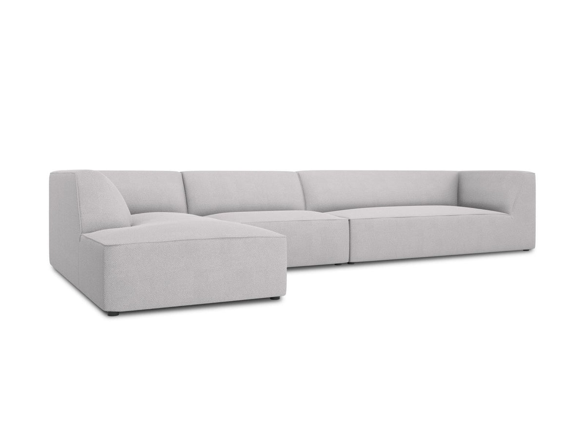 Modulares Ecksofa links Siena in Dark Grey-Scala mit strukturiertem Cordstoff, Massivholzrahmen und schwarzen Kunststoffbeinen, 5-Sitzer 180cm.