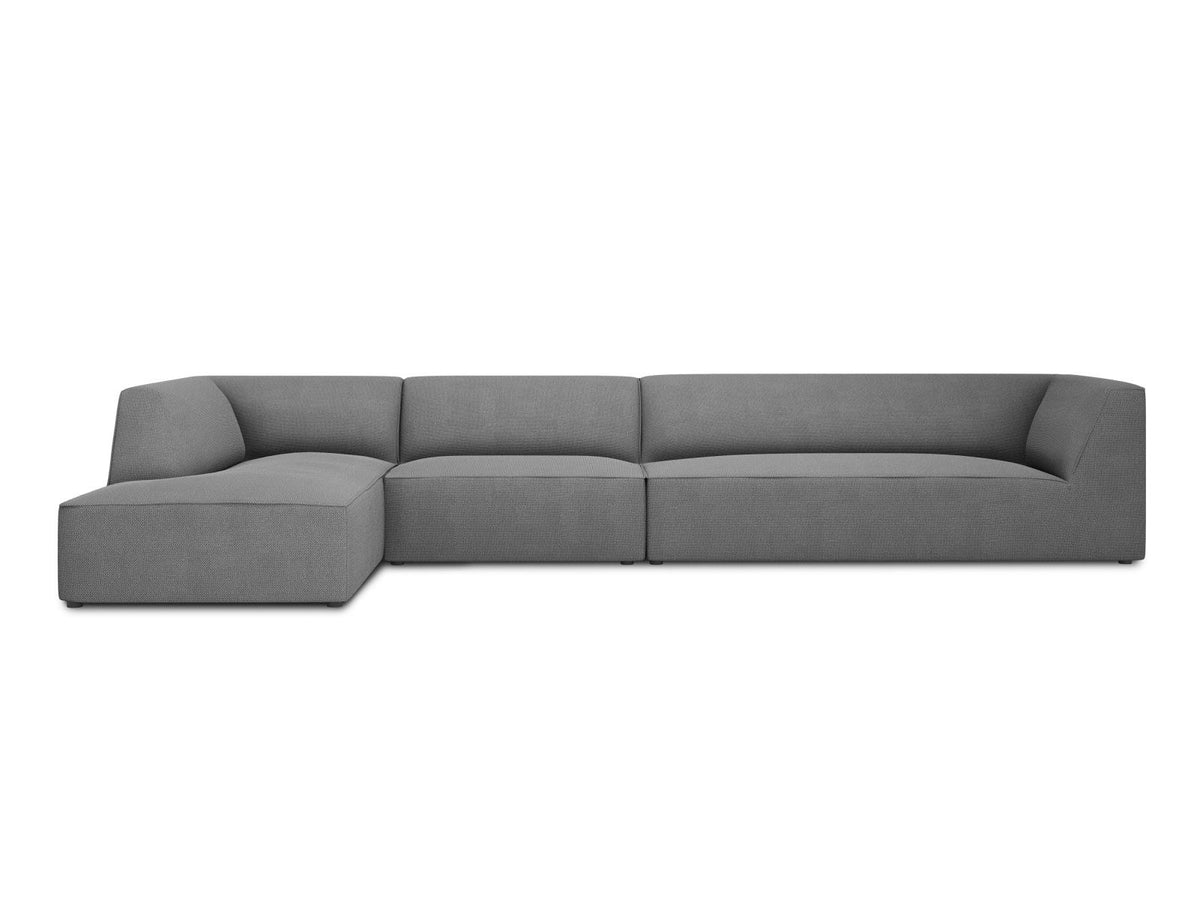 Modulares Ecksofa links Siena in Dark Grey-Scala mit strukturiertem Cordstoff, Massivholzrahmen und schwarzen Kunststoffbeinen, 5-Sitzer 180cm.