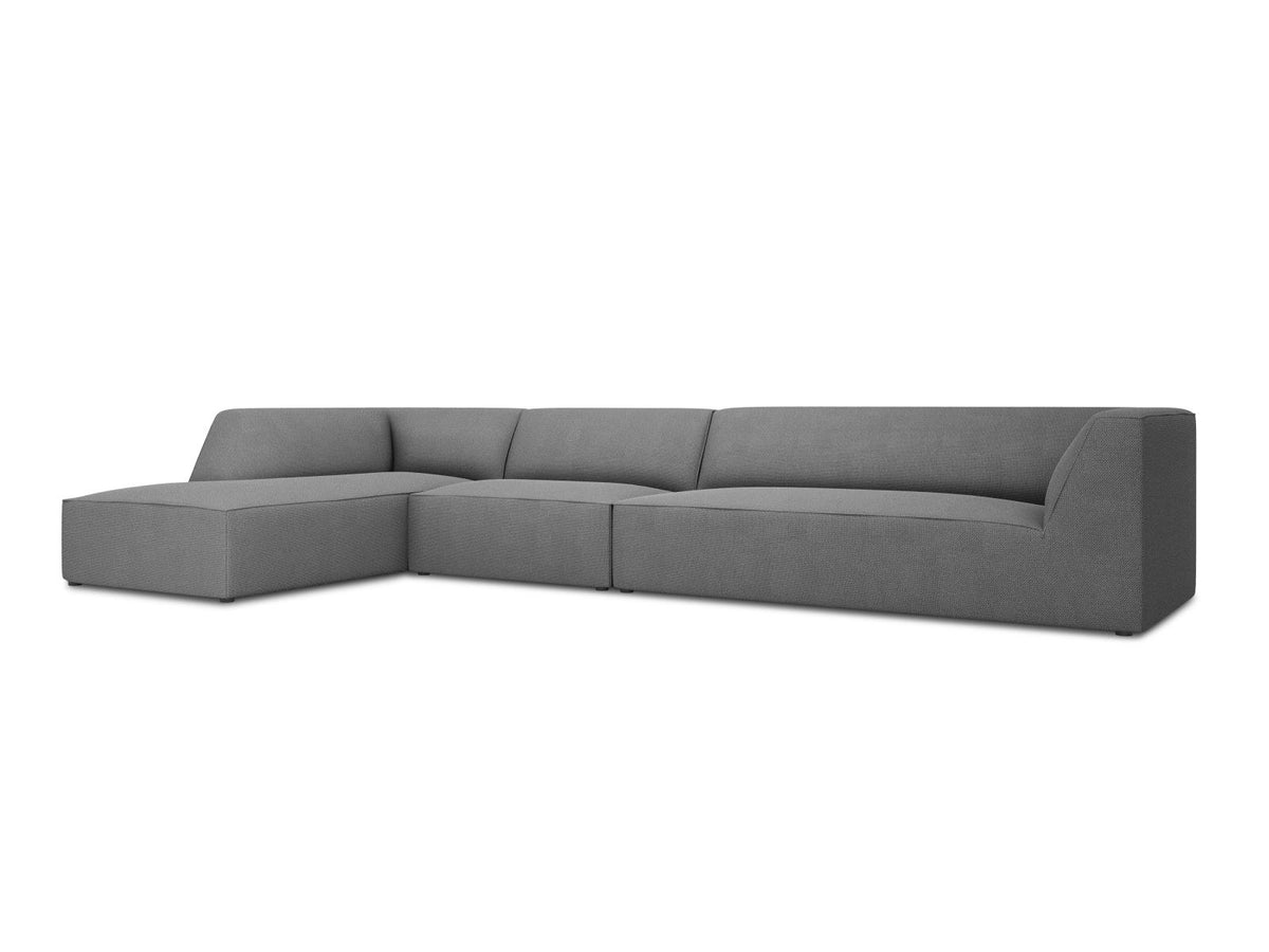 Modulares Ecksofa links Siena in Dark Grey-Scala mit strukturiertem Cordstoff, Massivholzrahmen und schwarzen Kunststoffbeinen, 5-Sitzer 180cm.