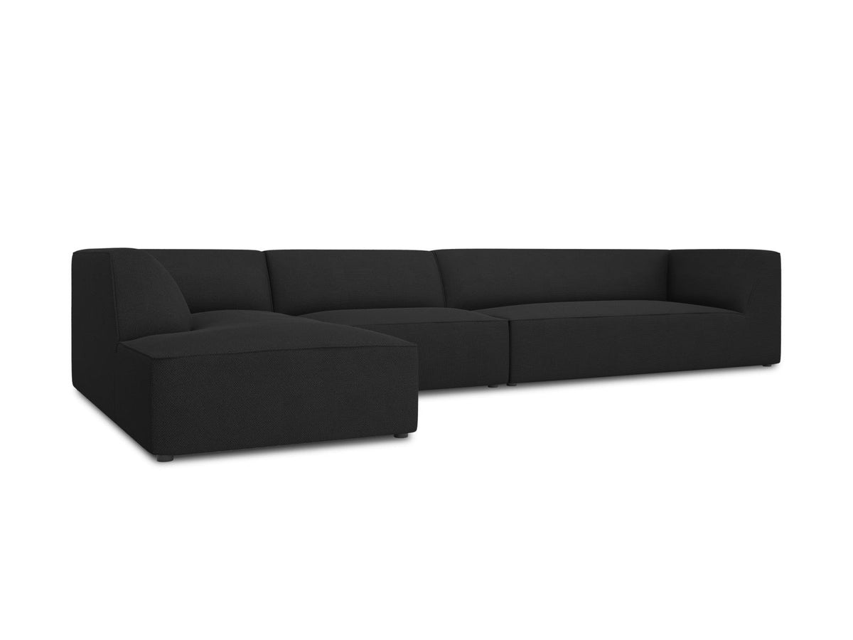 Modulares Ecksofa links Siena in Dark Grey-Scala mit strukturiertem Cordstoff, Massivholzrahmen und schwarzen Kunststoffbeinen, 5-Sitzer 180cm.