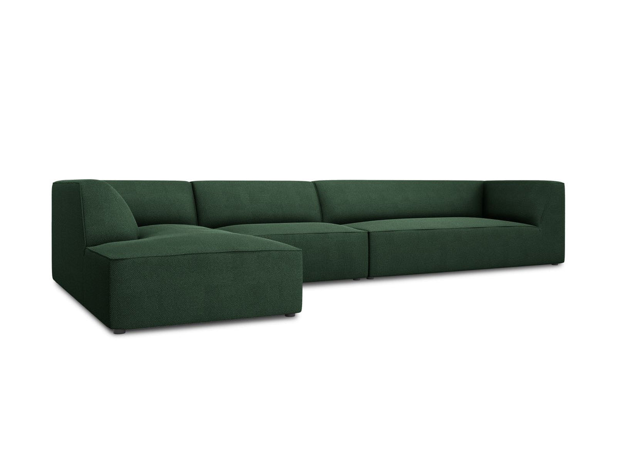 Modulares Ecksofa links Siena in Dark Grey-Scala mit strukturiertem Cordstoff, Massivholzrahmen und schwarzen Kunststoffbeinen, 5-Sitzer 180cm.