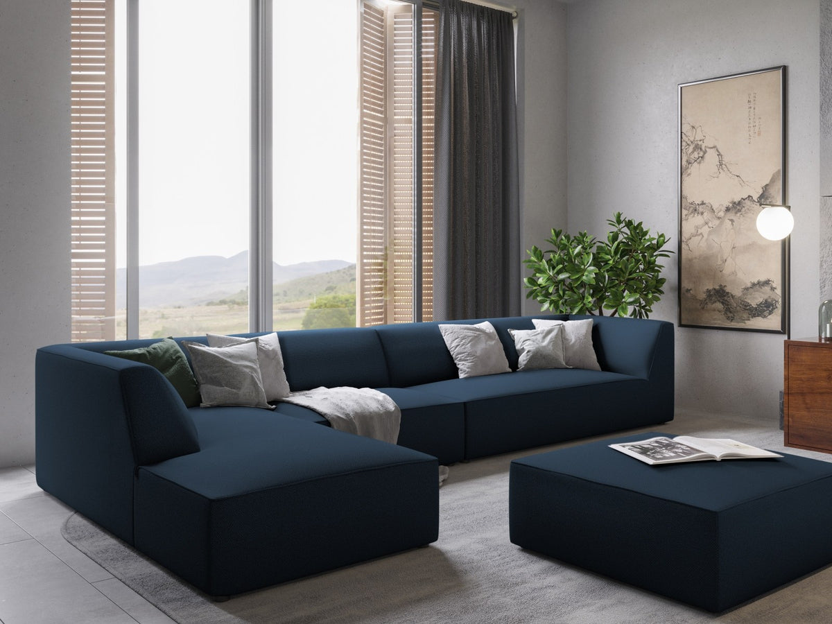 Modulares Ecksofa links Siena in Dark Grey-Scala mit strukturiertem Cordstoff, Massivholzrahmen und schwarzen Kunststoffbeinen, 5-Sitzer 180cm.