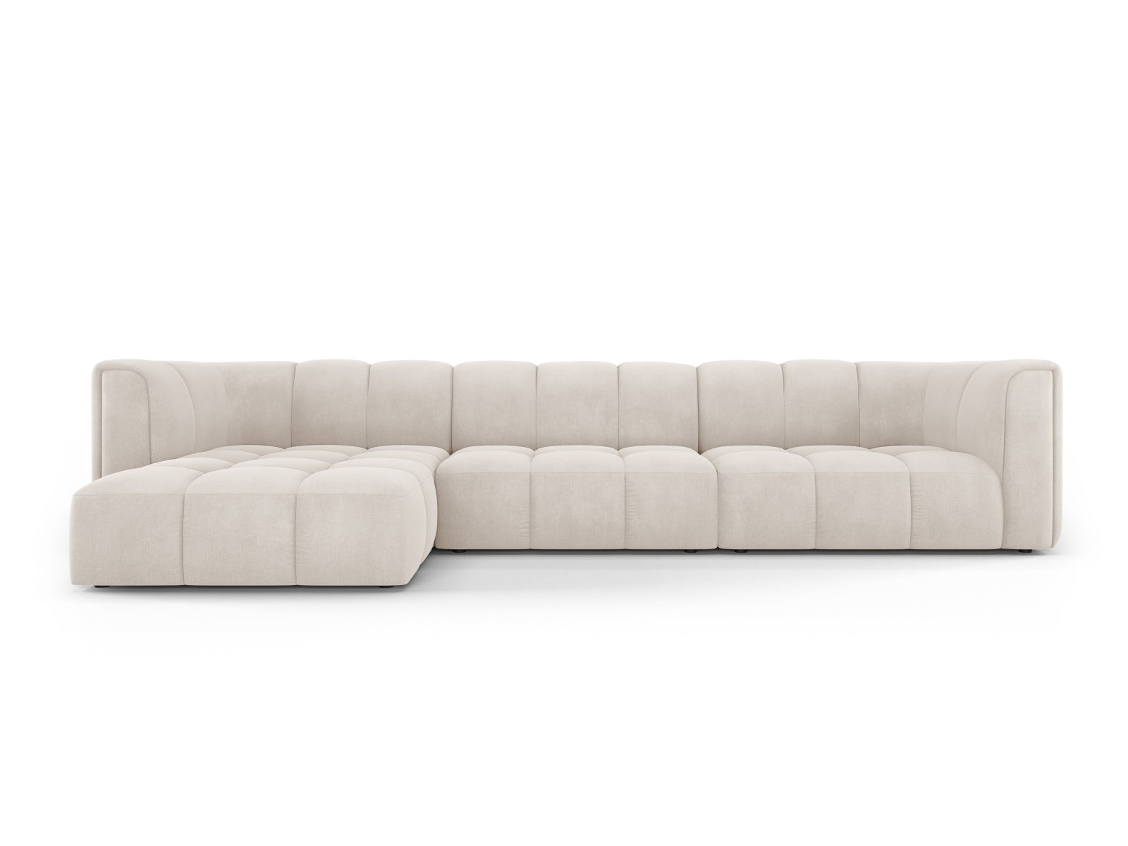 Beiges 5-Sitzer Ecksofa Moritz, linksseitig, stilvolles Design für gemütliche Stunden und vielseitige Wohnraumgestaltung.