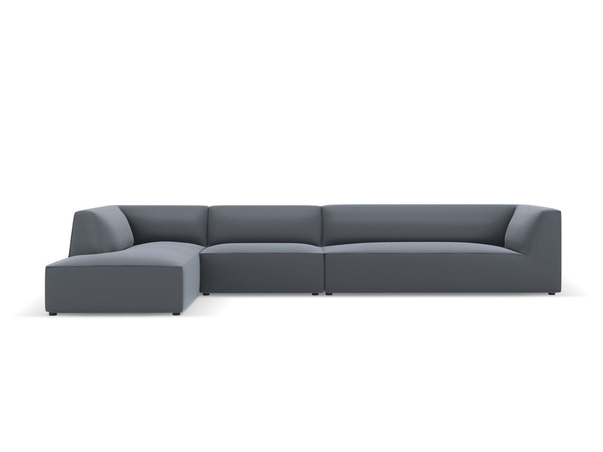 Modulares Ecksofa Siena in Light Beige mit lederähnlichem Bezugsstoff, schwarzen Kunststoffbeinen und moderner Eckform, 5-Sitzer, 180 cm Tiefe.