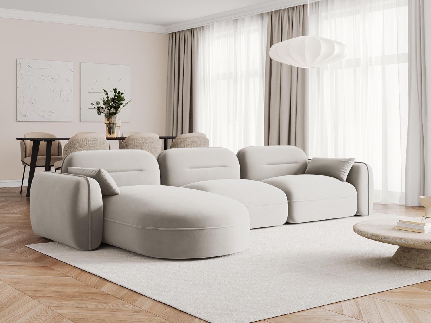 Sydney Velour Modular Ecksofa links 4 Sitzer in Light Beige präsentiert im Onlineshop von KAQTU Design AG. Ecksofa links ist von Cosmopolitan Design