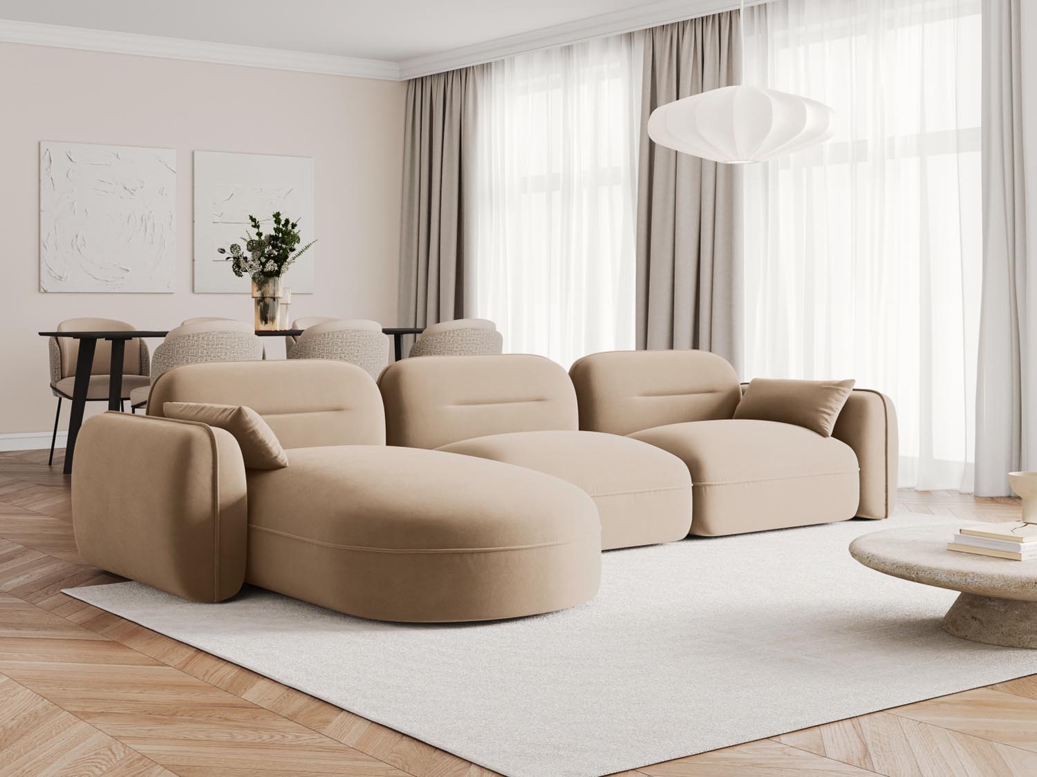 Sydney Velour Modular Ecksofa links 4 Sitzer in Sand präsentiert im Onlineshop von KAQTU Design AG. Ecksofa links ist von Cosmopolitan Design
