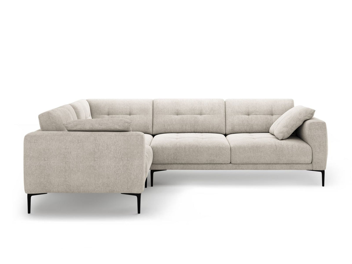 Ecksofa links Lazio in Beige-Sorella mit Strukturstoff, Massivholzrahmen und schwarzen Metallbeinen, 4-Sitzer mit Récamiere.