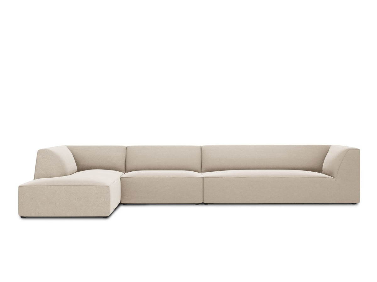 Beige-Salvador Samt Ecksofa links mit Récamiere, schwarzen Kunststoffbeinen und modularem Aufbau, Cosmopolitan Design Siena Serie.