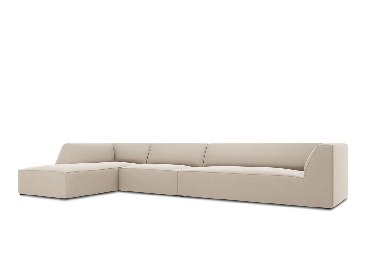 Beige-Salvador Samt Ecksofa links mit Récamiere, schwarzen Kunststoffbeinen und modularem Aufbau, Cosmopolitan Design Siena Serie.