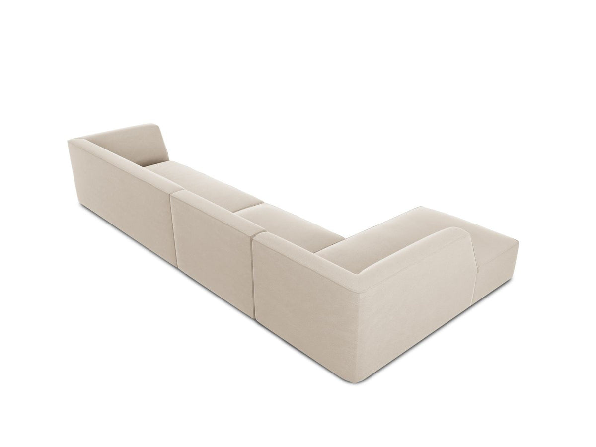 Beige-Salvador Samt Ecksofa links mit Récamiere, schwarzen Kunststoffbeinen und modularem Aufbau, Cosmopolitan Design Siena Serie.