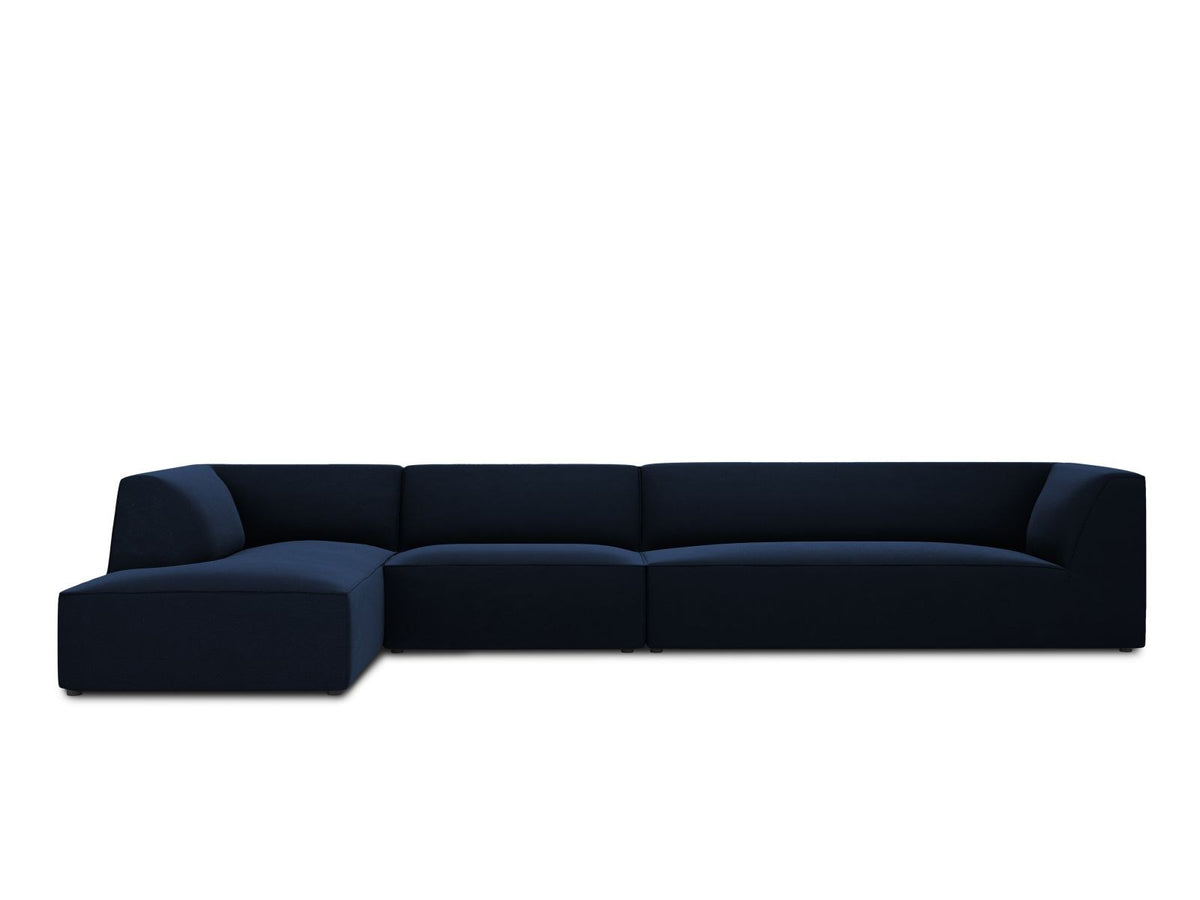 Beige-Salvador Samt Ecksofa links mit Récamiere, schwarzen Kunststoffbeinen und modularem Aufbau, Cosmopolitan Design Siena Serie.