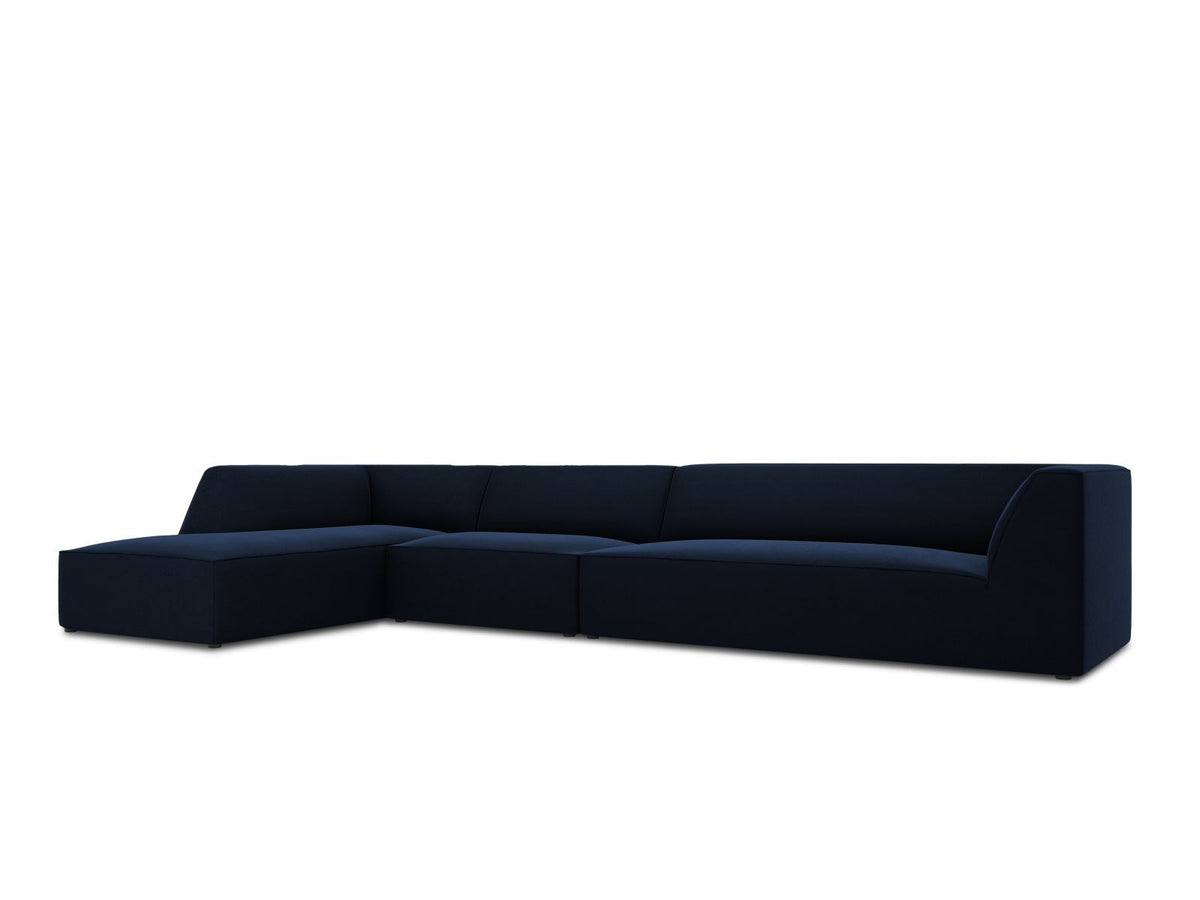 Beige-Salvador Samt Ecksofa links mit Récamiere, schwarzen Kunststoffbeinen und modularem Aufbau, Cosmopolitan Design Siena Serie.