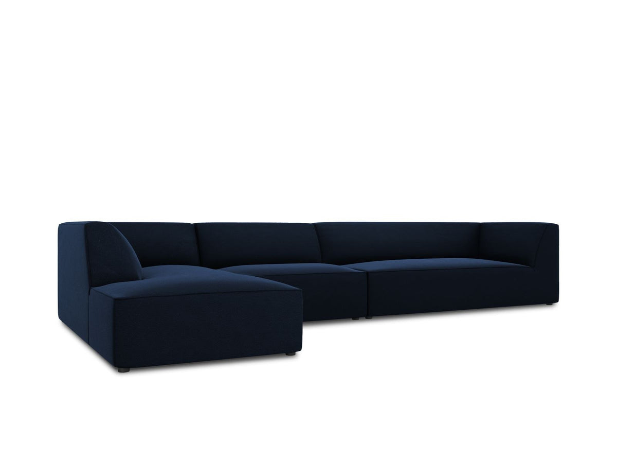 Beige-Salvador Samt Ecksofa links mit Récamiere, schwarzen Kunststoffbeinen und modularem Aufbau, Cosmopolitan Design Siena Serie.