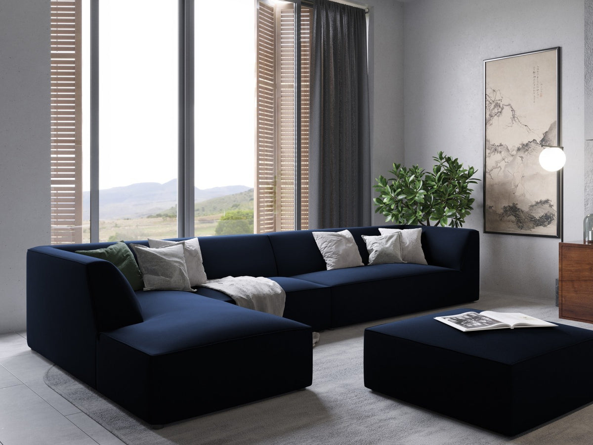 Beige-Salvador Samt Ecksofa links mit Récamiere, schwarzen Kunststoffbeinen und modularem Aufbau, Cosmopolitan Design Siena Serie.