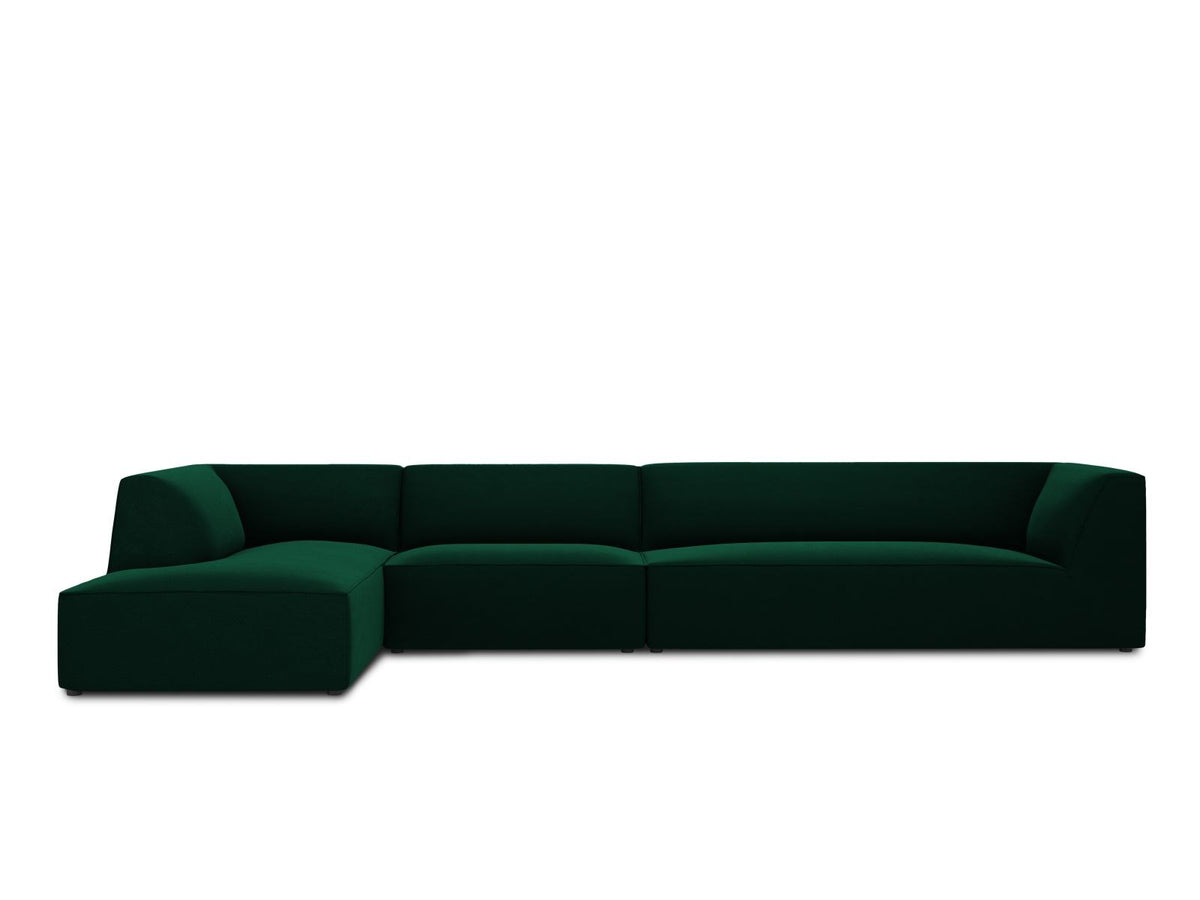 Beige-Salvador Samt Ecksofa links mit Récamiere, schwarzen Kunststoffbeinen und modularem Aufbau, Cosmopolitan Design Siena Serie.