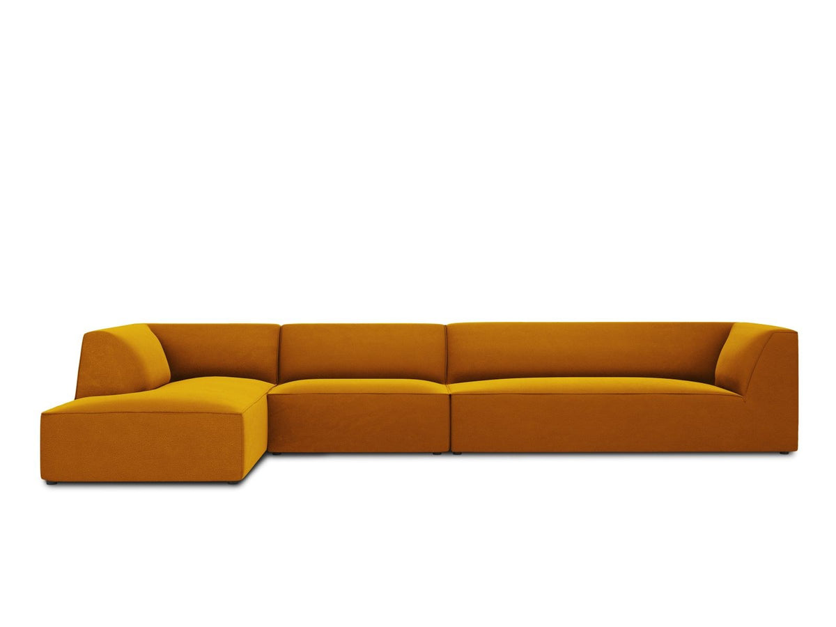 Beige-Salvador Samt Ecksofa links mit Récamiere, schwarzen Kunststoffbeinen und modularem Aufbau, Cosmopolitan Design Siena Serie.