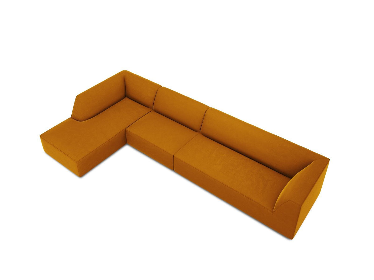 Beige-Salvador Samt Ecksofa links mit Récamiere, schwarzen Kunststoffbeinen und modularem Aufbau, Cosmopolitan Design Siena Serie.
