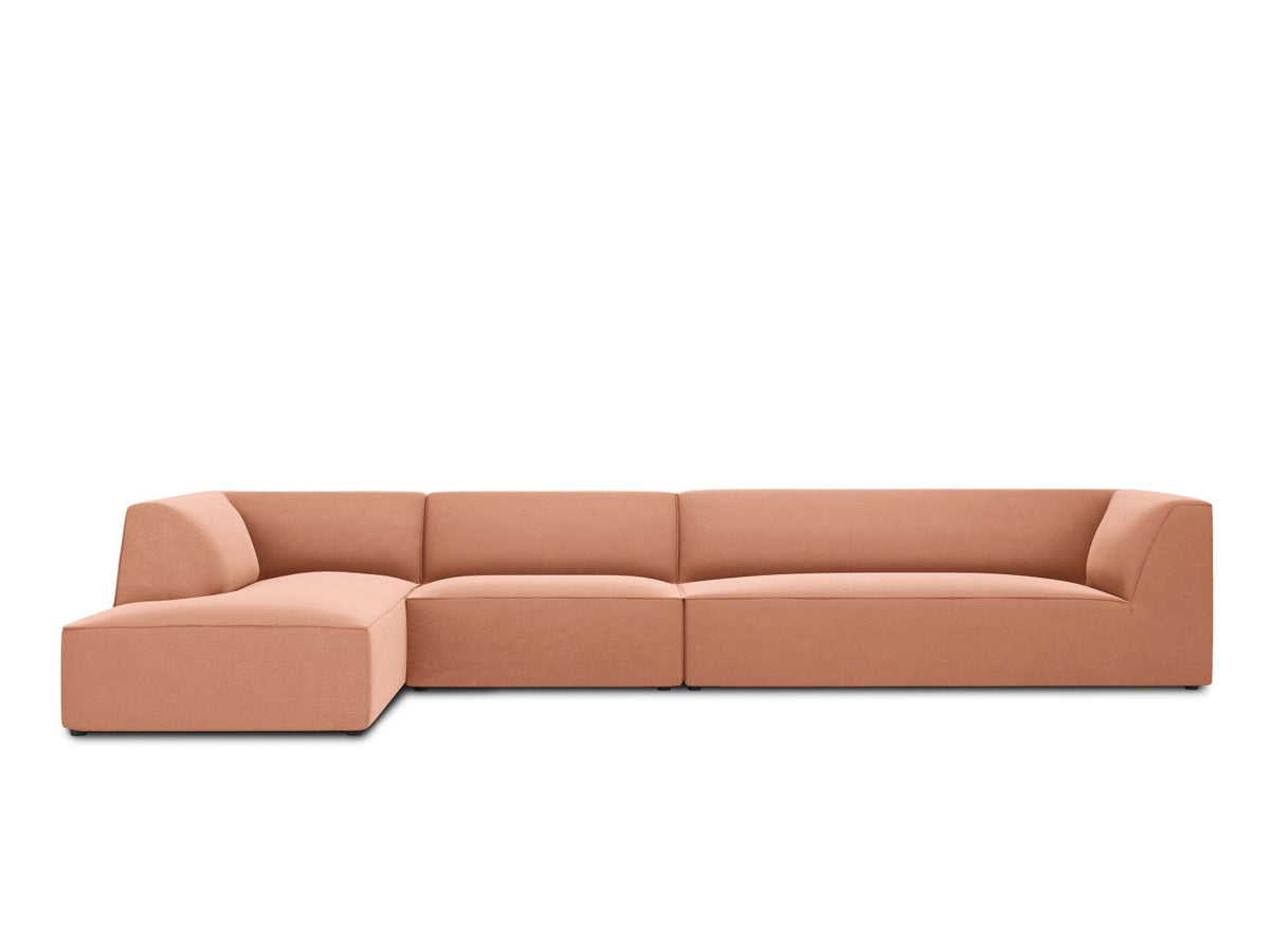 Beige-Salvador Samt Ecksofa links mit Récamiere, schwarzen Kunststoffbeinen und modularem Aufbau, Cosmopolitan Design Siena Serie.